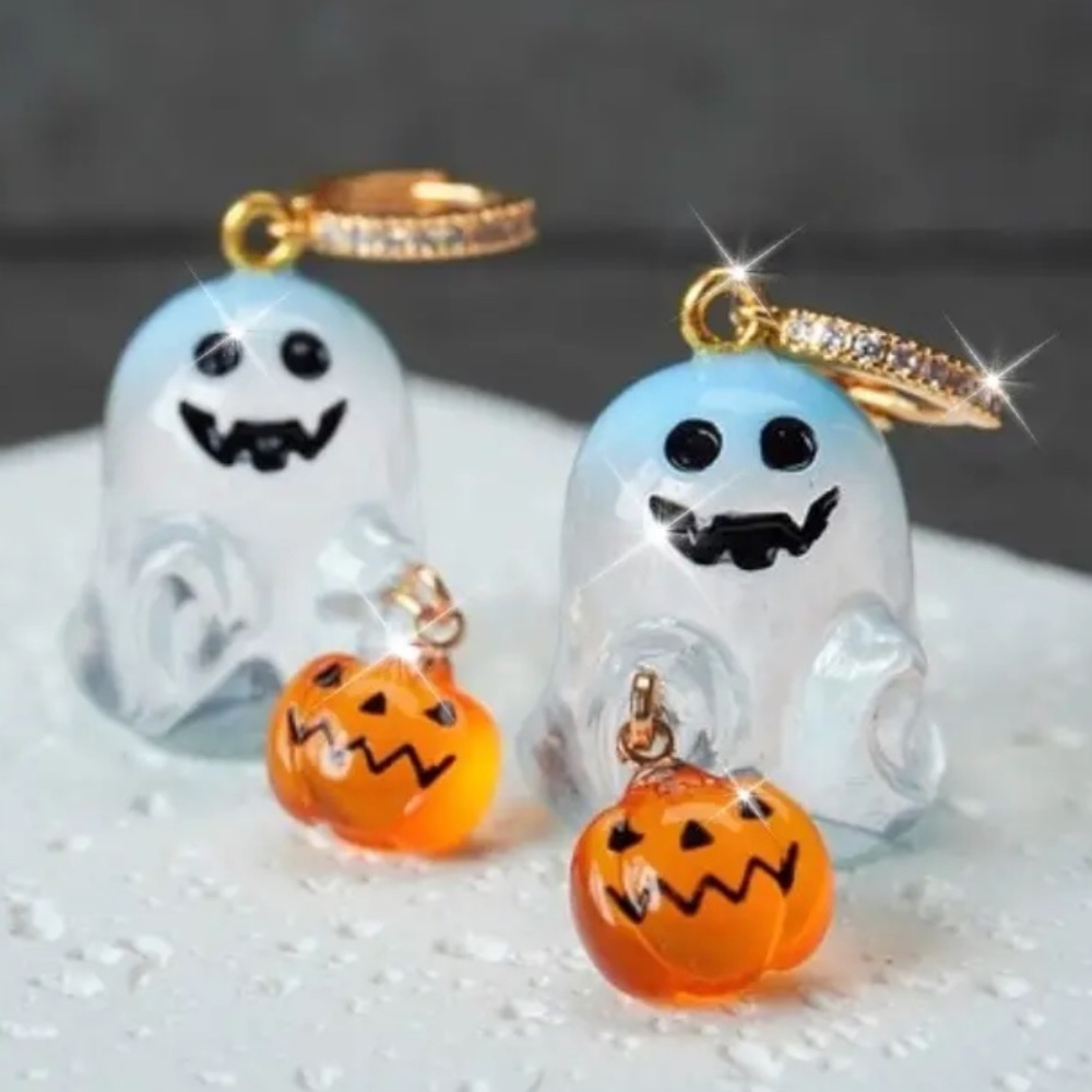 👻 Halloween Round Ghost & Dangling Pumpkin Earrings